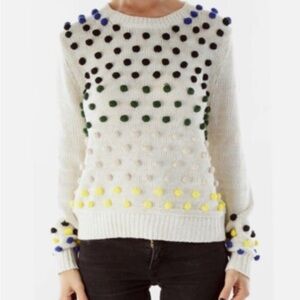 Anthropologie Cream Sweater with Colorful Pom Accents